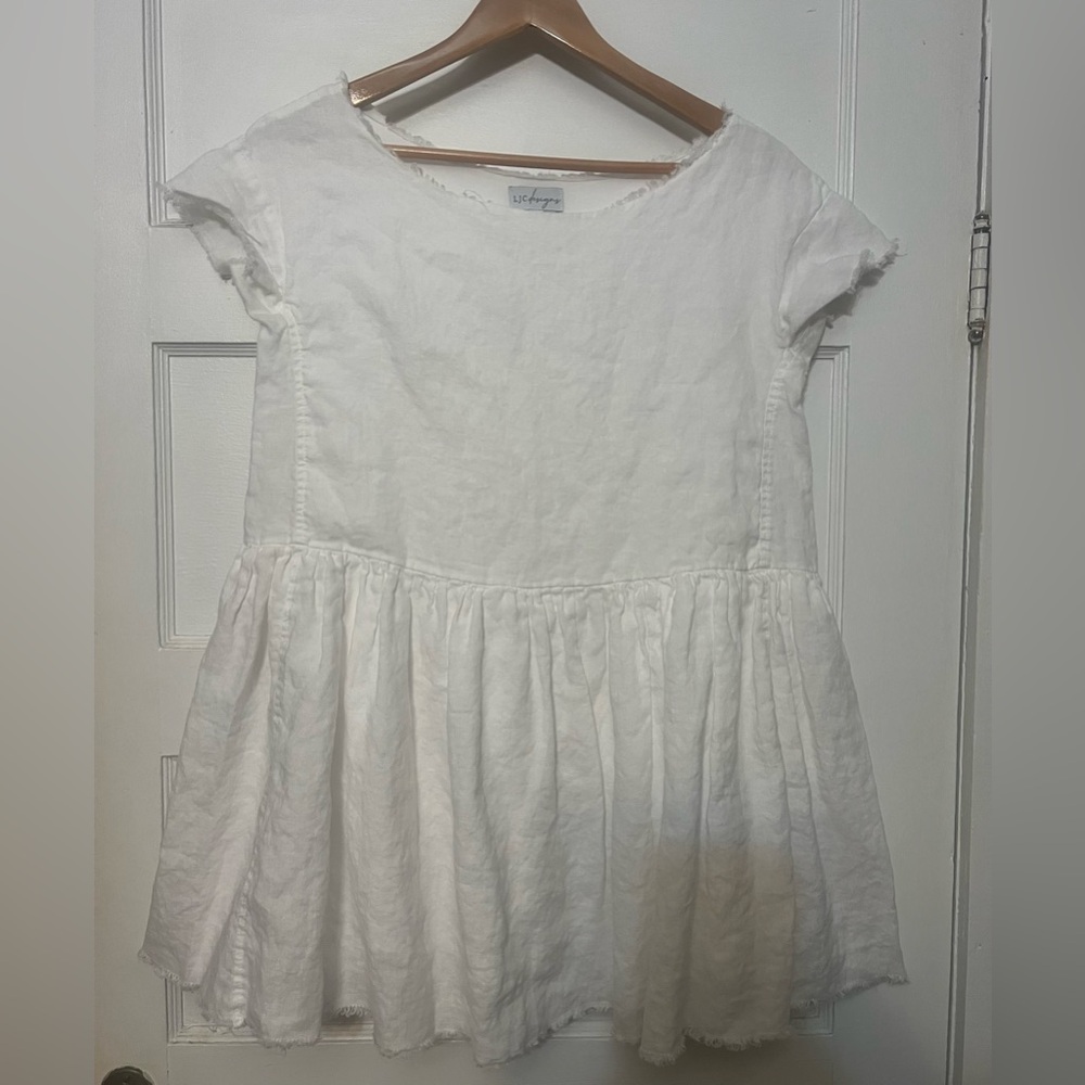 NWOT LJC Designs White 100% Linen Oversized Dress w/Raw Cut Edges - Size Small